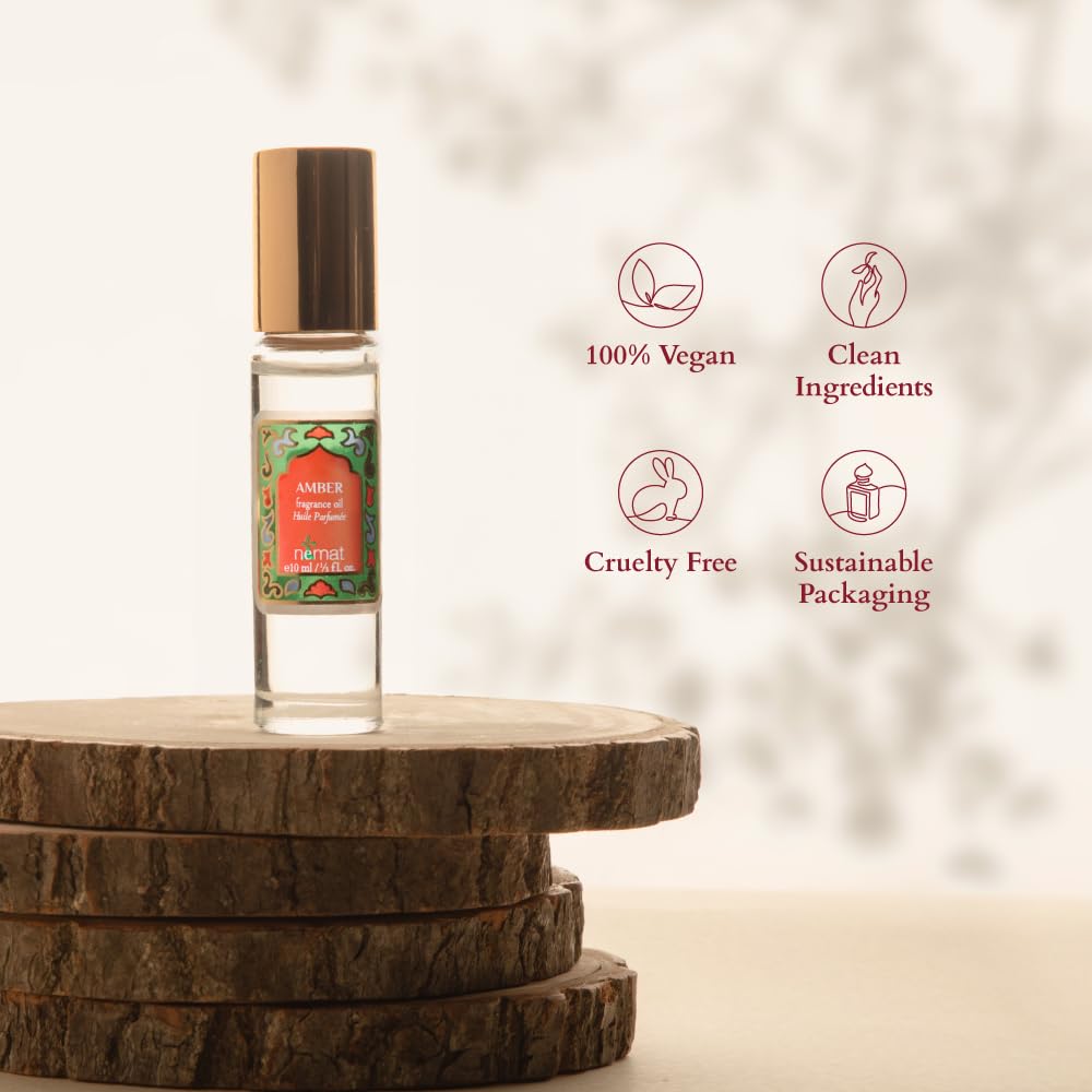 Nemat amber perfume oil with vegan, clean ingredient, cruelty free, sustainable packaging claims