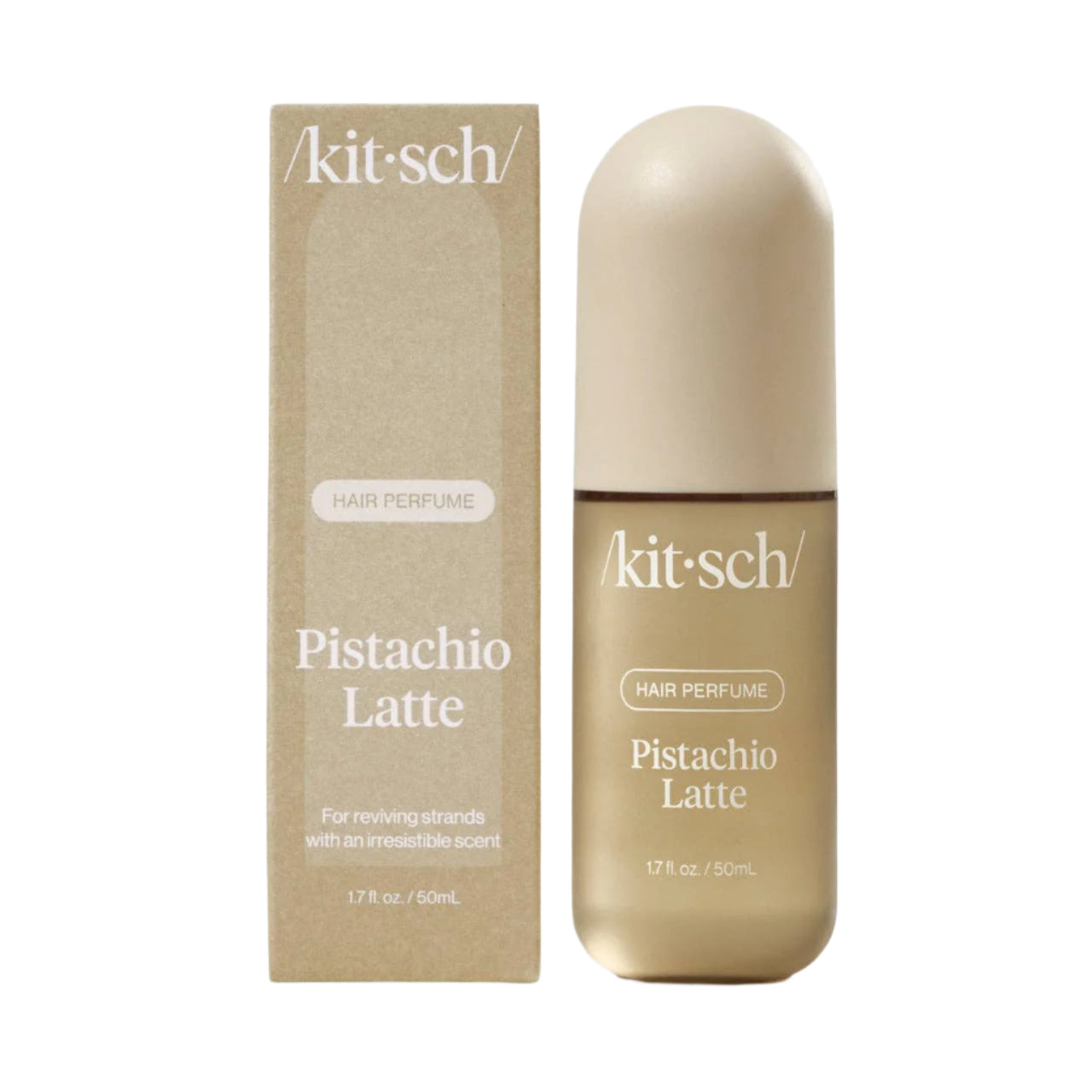Kitsch Pistachio Latte hair perfume bottle and packaging on a white background