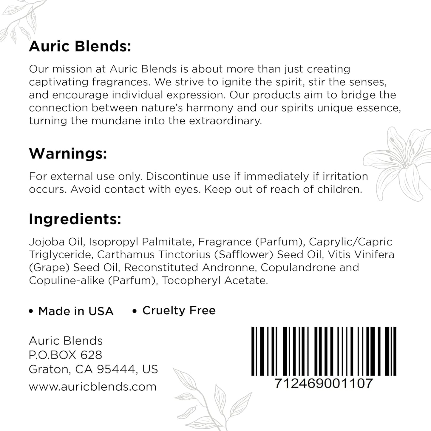 Auric Blends product label with mission statement, warnings, ingredients list, and contact information.