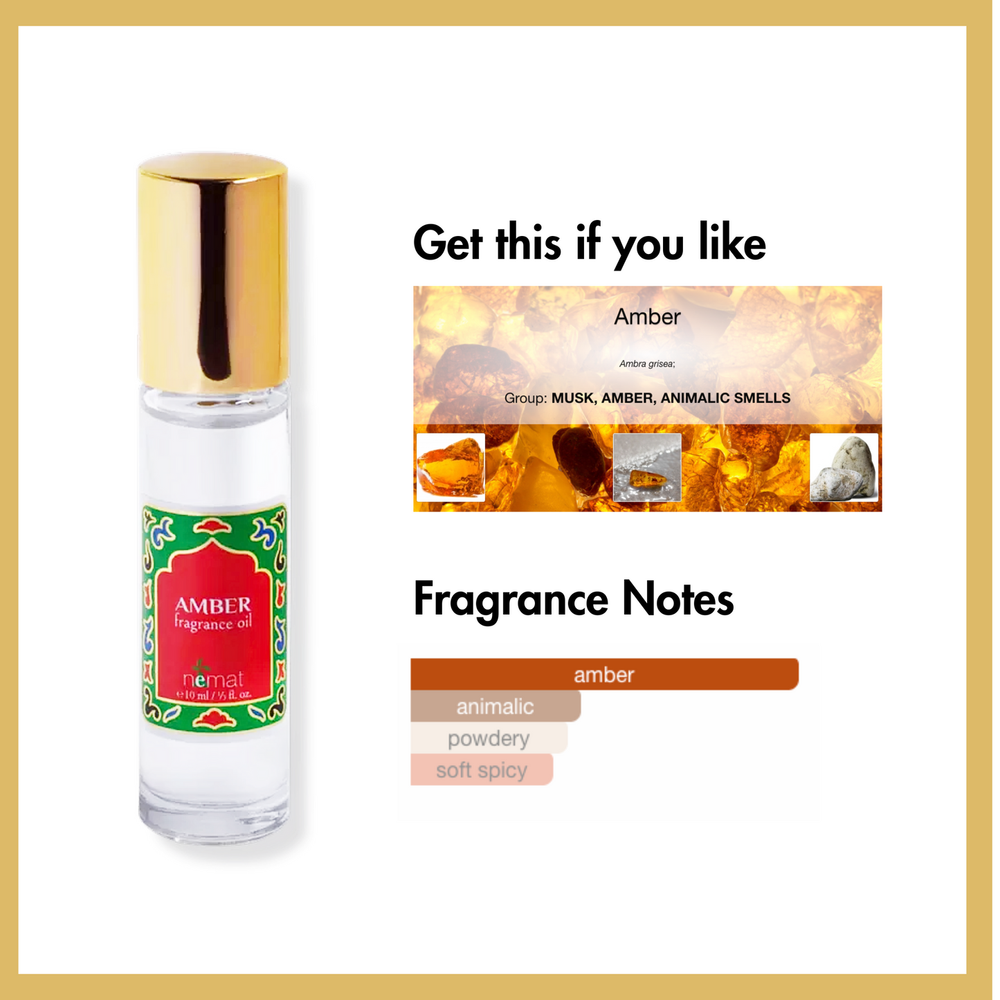 Nemat Amber fragrance oil bottle with fragrance notes and description on a white background