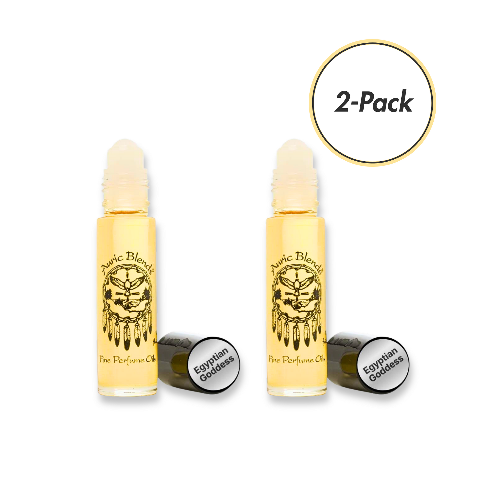 Two bottles of Auric Blends Egyptian Goddess' perfume oil with a '2-Pack' label on a white background.