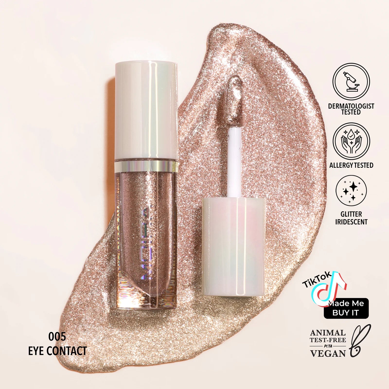 Vegan, cruelty-free, moira dazzling daze liquid eyeshadow eye contact, wehitpan.com, glitter, allergy tested, vegan, tiktok and IG approved