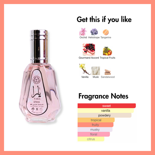 Lataffa Yara 50ml fragrance notes including orchid, heliotrope, tangerine, gourmand. Exclusive 2-pack at Wehitpan to save money.