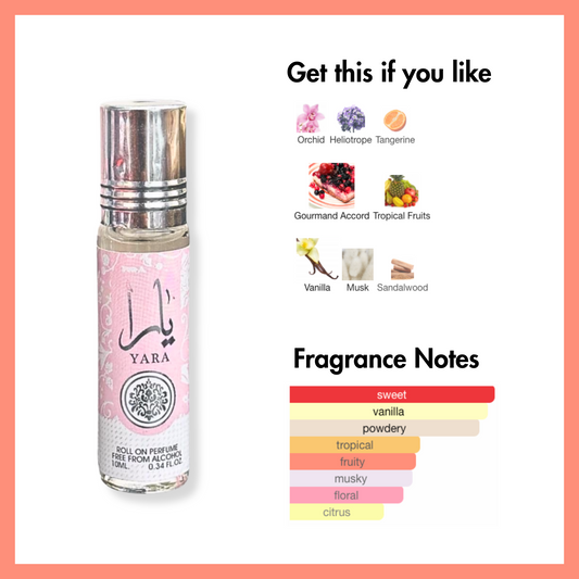 Lataffa Yara roll-on perfumes fragrance notes include orchid, heliotrope, tangerine, gourmand, vanilla, musk, sandalwood.