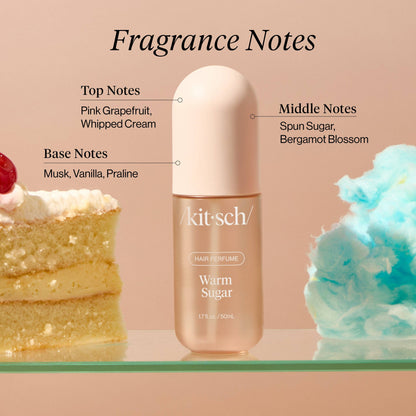 Kitsch hair perfume bottle with fragrance notes text and visual elements on a pink background