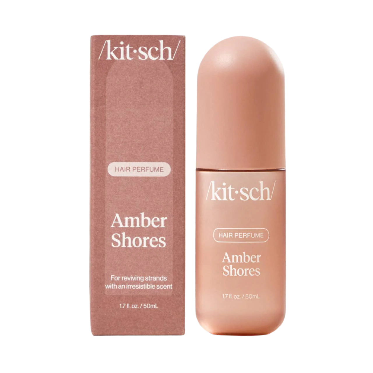 Kit-sch Amber Shores hair perfume bottle and packaging on a light gray background