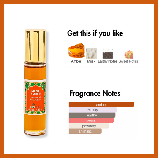 Nemat Musk Amber perfume oil fragrance notes and photos of amber, musk, earthy notes, sweet notes