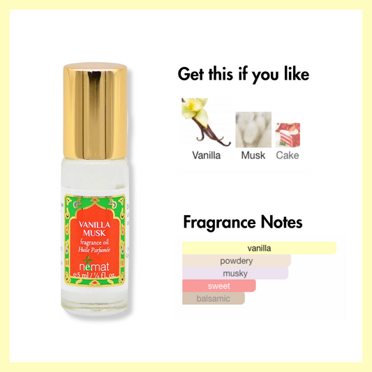 Nemat Vanilla Musk 5ml fragrance oil bottle with fragrance notes including vanilla, musk, and cake