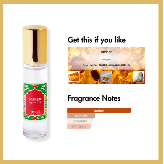 Nemat Amber fragrance oil bottle with fragrance notes and description on a white background