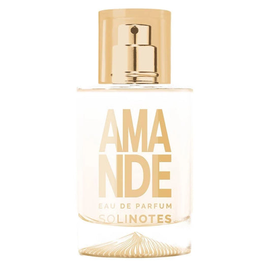 Perfume bottle labeled 'Amande' by Solinotes on a white background